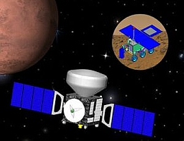 Ansicht des Exomars-Orbiters mit dem Abstiegsmodul sowie dem Rover
(Bild: ESA)