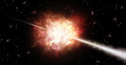 Gammastrahlenausbrüche sind die hellsten Explosionen im Universum. Innerhalb einiger Sekunden strahlen sie mehr Energie aus als die Sonne in einer Milliarde Jahren. Die physikalischen Prozesse in diesen kosmischen Katastrophen zu verstehen, ist eines der wichtigen Ziele der modernen astrophysikalischen Forschung. Diese künstlerische Abbildung zeigt den Ausbruch und die Entstehung der lichtschnellen Düsenstrahlen.
(Bild: ESO/A. Roquette)