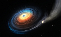 Diese Darstellung zeigt den Weißen Zwerg WDJ0914+1914 und seinen Neptun-ähnlichen Exoplaneten. Da der eisige Riese den heißen Weißen Zwerg in geringer Entfernung umkreist, streift die extreme ultraviolette Strahlung des Sterns die Atmosphäre des Planeten ab. Während das meiste dieses abgetragenen Gases entweicht, wirbelt ein Teil davon auf eine Scheibe, die ihrerseits auf den Weißen Zwerg strömt.
(Bild: ESO/M. Kornmesser)