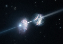 Sternexplosion links schickt Licht durch Galaxien - künstlerische Darstellung
(Bild: ESO/L. Calçada)