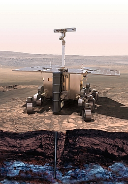 Mit seinem Bohrer wird der ExoMars-Rover Bodenproben aus einer Tiefe von bis zu zwei Metern entnehmen, welche anschließend durch die Instrumente im Detail untersucht werden können.
(Bild: ESA)