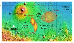 InSight lokalisiert Marsbeben in der Region Cerberus Fossae. (Bild: NASA/USGS/MOLA; DLR (nach Giardini et al., 2020))