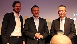 Robert Böhme (PTScientists), Thomas Jarzombek (Bund), Pierre Godart (ArianeGroup)
(Bild: Andreas Weise)