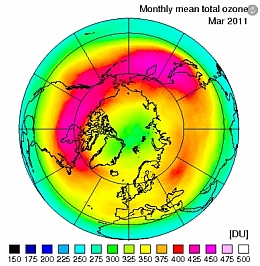 Darstellung der Ozonverteilung über der Nordhalbkugel im März 2011
(Bild: KNMI)