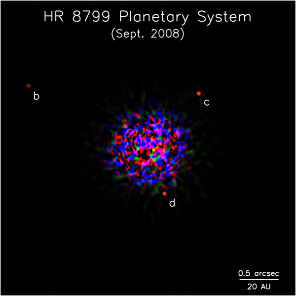Hochauflösende Aufnahme von HR 8799 und den neuen Exoplaneten
