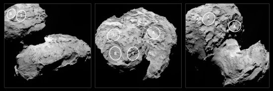 Aus ursprünglich zehn möglichen Landeplätze, bisher benannt mit den Buchstaben "A" bis "J", wählten die für die für die Landeplatzauswahl verantwortlichen Wissenschaftler und Flugingenieure der ESA jetzt fünf mögliche Landestellen auf dem Kometen 67P/Tschurjumow-Gerasimenko, der sich aus einem kleineren 'Kopf', einem größeren 'Körper' und einem schmalen, aber anscheinend sehr aktiven 'Hals' zusammensetzt. Drei der möglichen Landestellen ("B", "I" und "J") befinden sich auf dem 'Kopf', die beiden anderen Stellen liegen dagegen auf dem 'Körper'.
(Bild: ESA, Rosetta, MPS for OSIRIS-Team MPS, UPD, LAM, IAA, SSO, INTA, UPM, DASP, IDA)