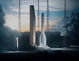Ariane 6 nach der Zündung auf der Startanlage in Kourou - künstlerische Darstellung (Bild: ArianeGroup)