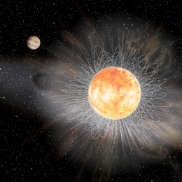 Künstlerische Darstellung von 51 Pegasi und seinem gemessenen Magnetfeld. Die entdeckte "schwache magnetische Bremsung" von 51 Peg stellt eine relativ plötzliche Veränderung dar, die eine stabilere magnetische Umgebung verursacht. Die aktuelle Studie legt nahe, dass die Sonne diesen Übergang bereits vollzogen hat, was die Entwicklung von komplexerem Leben begünstigte. (Bild: AIP/J. Fohlmeister)