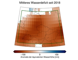Dürre Deutschland - mittleres Wasserdefizit seit 2018 Mittleres Wasserdefizit in Deutschland über alle Monate seit 2018. Referenzwert ist für jeden Monat der Durchschnitt über alle jeweiligen Monate seit Beginn der GRACE-Messungen 2002. (Quelle: Eva Börgens, Christoph Dahle)