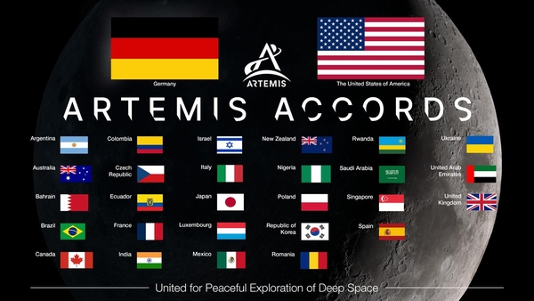 Deutschland ist den Artemis Accords beigetreten Die Artemis Accords zählen nun 29 Mitglieder: Argentinien, Australien, Bahrain, Brasilien, Deutschland, Ecuador, Frankreich, Großbritannien, Indien, Israel, Italien, Japan, Kanada, Kolumbien, Luxemburg, Mexiko, Neuseeland, Nigeria, Polen, Ruanda, Rumänien, Saudi Arabien, Singapur, Spanien, Südkorea, die Ukraine, die USA und die Vereinigten Arabischen Emirate. (Grafik: NASA)