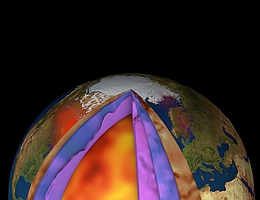 Das neue 3D-Modell kombiniert Satelliten- mit Erdbeben- und Gesteinsdaten und zeigt so zum ersten Mal, wie sehr sich der untere Erdmantel unter verschiedenen Ozeanen unterscheidet. In rot: Erderhebung Nordamerikas infolge von geschmolzenen Gletschern. (Bild: ESA/Planetary Visions)