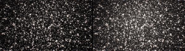 Zoom in den Kugelsternhaufen Omega Centauri mit Daten der dritten Gaia-Datenveröffentlichung (links) und einem kombinierten Bild, das die zusätzlichen Daten des Gaia Focused Product Release enthält (rechts). Der neue Beobachtungsmodus identifizierte eine halbe Million neuer schwacher Sterne. (Bild: ESA/Gaia/DPAC. Acknowledgement: Stefan Jordan, Katja Weingrill, Alexey Mints, Tineke Roegiers. Visualisierung: Gaia Sky, Toni Sagristà)