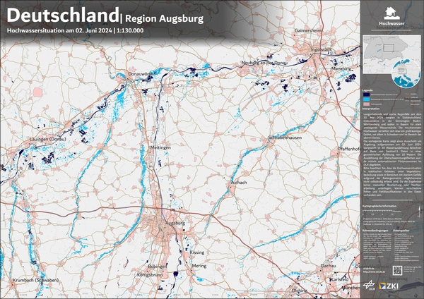 Hochwasserkarte Region Augsburg Die Karte zeigt einen Ausschnitt um Augsburg, aufgenommen am 2. Juni 2024. Die Hochwasserflächen sind hellblau markiert, Siedlungsgebiete in rosa. Die Wasserausdehnung wurde auf Basis von Sentinel-1 Satellitendaten (dunkelblau) in einer geometrischen Auflösung von zehn Metern abgeleitet. Für die Auswertung der Radardaten nutzte das DLR ein automatisiertes Verfahren, das speziell für Flutereignisse entwickelt wurde. (Bild: DLR/ZKI 2024)