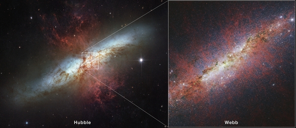 Die Starburst-Galaxie M 82, aufgenommen von den Weltraumteleskopen Hubble und Webb.(Bild: NASA, ESA, CSA, STScI, A. Bolatto (University of Maryland))