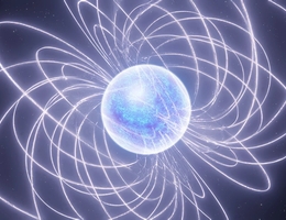 Künstlerische Darstellung eines Magnetars, bei dem ein Neutronenstern mit Hilfe der im ultrastarken Magnetfeld gespeicherten Energie Radiostrahlung aussendet und damit Ausbrüche verursacht, die zu den energiereichsten im Universum beobachteten Ereignissen zählen. (Bild: Michael Kramer / MPIfR)