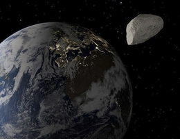 Der 360 Meter durchmessende Asteroid Apophis wird der Erde am 13. April 2029 sehr nahekommen. (Bild: Jonathan Männel / mit Eyes on the Solar System, NASA/JPL)