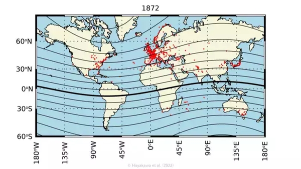 Eine geografische Zusammenfassung der Polarlichtsichtbarkeit am 4. Februar 1872: Polarlichter bedeckten einen großen Teil des Nachthimmels von den Tropen bis zu den Polarregionen. (Grafik: Hayakawa et al. (2023))