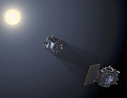 Proba-3 Satelliten erzeugen eine künstliche Sonnenfinsternis - künstlerische Darstellung. (Grafik: ESA-P. Carril)