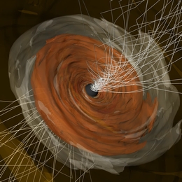 Computersimulation des Plasmas um das supermassereiche Schwarze Loch im Zentrum der Galaxie M87. Eine neue Analyse von zirkular polarisiertem (oder spiralförmigem) Licht in EHT-Beobachtungen zeigt, dass in der Nähe des Schwarzen Lochs starke Magnetfelder existieren. Diese Magnetfelder wirken auf die einfallende Materie zurück und tragen dazu bei, dass Materiestrahlen mit Geschwindigkeiten nahe der Lichtgeschwindigkeit nach außen geschleudert werden. (Grafik: George Wong)