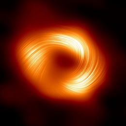 Das Schwarze Loch SgrA*: Die Magnetfelder liegen spiralförmig um den zentralen Schatten des Schwarzen Lochs herum. (Bild: EHT Collaboration)