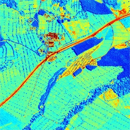 Satelliten können Hitzestress und Nährstoffmangel aus dem All erfassen: Simulation einer Thermal-Infrarotaufnahme von landwirtschaftlichen Anbauflächen. (Bild: Constellr)