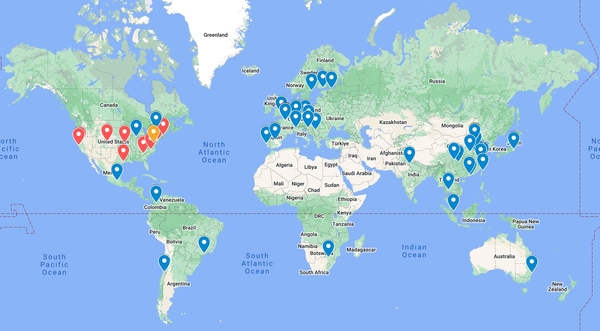 Standorte der weltweit 69 Standard-Referenz-Photometer. (Grafik: NIST)