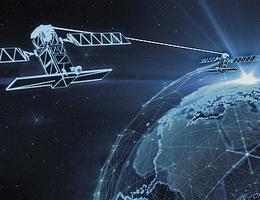 Optische Kommunikationsverbindung zwischen zwei Satelliten - künstlerische Darstellung. (Grafik: TESAT)