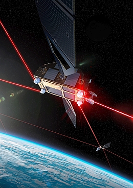 Inter-Satelliten-Verbindungen mit Laserlicht - UNIO-Satelliten im All; künstlerische Darstellung. (Grafik: UNIO)