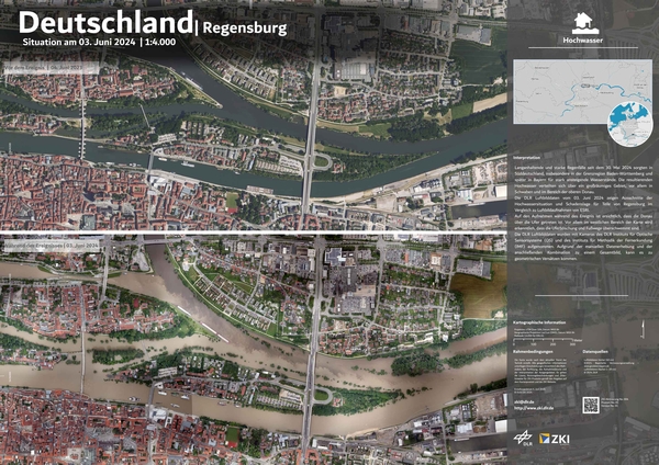 Vorher-Nachher: Hochwasserlage Regensburg Die DLR-Luftbilddaten unten vom 03. Juni 2024 (unten) zeigen Ausschnitte der Hochwassersituation und Schadenslage für Teile von Regensburg (~10 cm Auflösung) im Vergleich zu Luftbildaufnahmen der Bayerischen Vermessungsverwaltung (oben) vom 04. Juni 2023 (40 cm Auflösung). Der Ausschnitt zeigt den Bereich der Donau rund um die Nibelungenbrücke. Auf der Aufnahme unten ist sichtbar, dass die Donau über die Ufer getreten ist. Sowohl die Uferböschungen und Fußwege, als auch die Donauinseln sind in Teilen überschwemmt. Die DLR Luftbilddaten wurden mit der 3K-Kamera des DLR Instituts für Methodik der Fernerkundung in Zusammenarbeit mit der DLR-Einrichtung Flugexperimente aufgenommen. Die Verarbeitung der Daten und Erstellung der Karte erfolgte am DLR-Zentrum für satellitengestützte Kriseninformation (ZKI). (Bild: DLR/ZKI 2024)