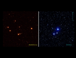 Ein Vergleich des Röntgenbildes von eROSITA (links) und des optischen Bildes (rechts) mit einem herkömmlichen Teleskop von jungen Sternen im eta Cha-Haufen im Sternbild Chamäleon. Die hier abgebildeten Sterne sind tausendmal aktiver als unsere Sonne. Beide Bilder zeigen die gleiche Himmelsregion. (Bild: eROSITA collaboration/Robrade)
