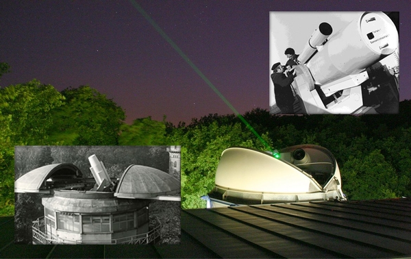 Unterschiedliche Generationen von Laserradarstationen der SLR Station (Satellite Laser Ranging Station) Potsdam. (Foto: Ludwig Grunwaldt, GFZ; kleine Fotos: Lutz Hannemann, ZIPE)
