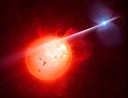 Künstlerische Darstellung eines Weißen-Zwerg-Pulsars. In diesem Doppelsternsystem beschleunigt ein sich schnell um seine eigene Achse drehender Weißer Zwerg (rechts) Elektronen auf nahezu Lichtgeschwindigkeit. Diese hochenergetischen Teilchen erzeugen Strahlungsschübe, die auf den ihn begleitenden Roten Zwergstern (links) treffen und das gesamte System vom Radio- bis zum Röntgenbereich pulsieren lassen. (Bild: M. Garlick/University of Warwick/ESO)