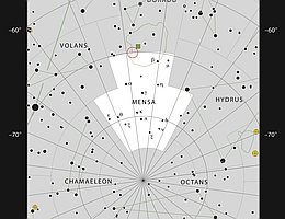 Diese Darstellung zeigt die Position der HII-Region LHA 120-N 180B im Sternbild Mensa (Tafelberg). Mensa ist das einzige Sternbild, das nach einem geografischen Element der Erde benannt ist – es wurde von dem französischen Astronomen Nicolas-Louis de Lacaille nach dem Tafelberg am Kap der Guten Hoffnung in Südafrika benannt. Diese Karte zeigt die meisten Sterne, die mit dem bloßen Auge unter guten Bedingungen sichtbar sind. (Bild: ESO, IAU and Sky & Telescope)