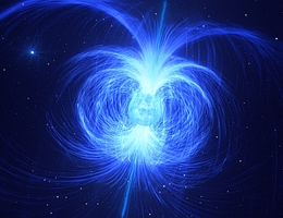 Diese künstlerische Darstellung zeigt HD 45166, einen massereichen Stern, von dem kürzlich ein sehr starkes Magnetfeld von 43.000 Gauß entdeckt wurde – das stärkste Magnetfeld, das je bei einem massereichen Stern gefunden wurde. Intensive Winde von Teilchen, die vom Stern wegblasen, werden von diesem Magnetfeld eingefangen und hüllen den Stern in eine Gashülle ein, wie hier dargestellt. Astronomen vermuten, dass dieser Stern sein Leben als Magnetar beenden wird, eine kompakte und extrem magnetische Sternleiche. Wenn HD 45166 unter seiner eigenen Schwerkraft kollabiert, wird sich sein Magnetfeld verstärken, und der Stern wird schließlich zu einem sehr kompakten Kern mit einem Magnetfeld von etwa 100 Billionen Gauß werden – der stärksten Sorte von Magnet im Universum. HD 45166 ist Teil eines Doppelsternsystems. Im Hintergrund ist der Begleiter von HD 45166 zu sehen, ein normaler blauer Stern, der sich in einer viel größeren Entfernung befindet als bisher angenommen. (Bild: ESO/L. Calçada)