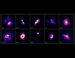 Diese kleine Auswahl aus der Durchmusterung zeigt zehn Scheiben aus den drei Regionen unserer Galaxie, die in den Arbeiten beobachtet wurden. V351 Ori und V1012 Ori befinden sich in der am weitesten entfernten der drei Regionen, der gasreichen Orionwolke, etwa 1600 Lichtjahre von der Erde entfernt. DG Tau, T Tau, HP Tau, MWC758 und GM Aur befinden sich in der Taurus-Region, während HD 97048, WW Cha und SZ Cha in Chamaeleon I zu finden sind, die alle etwa 600 Lichtjahre von der Erde entfernt sind. Die hier gezeigten Bilder wurden mit dem Instrument SPHERE (Spectro-Polarimetric High-contrast Exoplanet REsearch) am Very Large Telescope (VLT) der ESO aufgenommen. Das hochmoderne extreme Adaptive-Optik-System von SPHERE korrigiert die turbulenten Effekte der Erdatmosphäre und liefert scharfe Bilder der Scheiben um Sterne. Die Sterne selbst wurden mit einem Koronografen abgedeckt - einer kreisförmigen Maske, die das intensive Blendlicht der Sterne blockiert und die schwachen Scheiben um sie herum sichtbar macht. Die Scheiben wurden so skaliert, dass sie in dieser Zusammensetzung ungefähr gleich groß erscheinen. (Bild: ESO/C. Ginski, A. Garufi, P.-G. Valegård et al.)