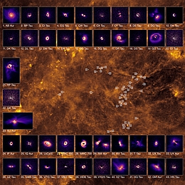 Planetenbildende Scheiben um junge Sterne und ihre Lage in der gasreichen Tauruswolke, etwa 600 Lichtjahre von der Erde entfernt. Die beeindruckenden Bilder der Scheiben wurden mit dem Spectro-Polarimetric High-contrast Exoplanet REsearch (SPHERE)-Instrument am Very Large Telescope (VLT) der ESO aufgenommen. Insgesamt beobachtete das Team 43 Sterne in der Taurus-Region, die alle hier abgebildet sind (allerdings wurden nur bei 39 dieser Ziele planetenbildende Scheiben entdeckt). Das Hintergrundbild zeigt eine Infrarotaufnahme von Taurus, die vom Infrared Astronomical Satellite aufgenommen wurde. (Bild: ESO/A.Garufi et al.; IRAS)