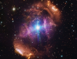 Dieses Bild, aufgenommen mit dem VLT Survey Telescope am Paranal-Observatorium der ESO, zeigt den wunderschönen Nebel NGC 6164/6165, auch bekannt als das Drachenei. Der Nebel besteht aus einer Gas- und Staubwolke, die ein Sternpaar namens HD 148937 umgibt. In einer neuen Studie haben Astronominnen und Astronomen anhand von ESO-Daten gezeigt, dass sich die beiden Sterne auf ungewöhnliche Weise voneinander unterscheiden – der eine erscheint viel jünger und ist im Gegensatz zum anderen magnetisch. Außerdem ist der Nebel deutlich jünger als die beiden Sterne in seinem Inneren und besteht aus Gasen, die normalerweise tief im Inneren eines Sterns und nicht außerhalb zu finden sind. Diese Hinweise trugen dazu bei, das Rätsel des Systems HD 148937 zu lösen: Wahrscheinlich gab es drei Sterne in diesem System, bis zwei von ihnen zusammenstießen und verschmolzen, wodurch ein neuer, größerer und magnetischer Stern entstand. Durch dieses gewaltige Ereignis bildete sich auch der spektakuläre Nebel, der nun die verbleibenden Sterne umgibt. (Bild: ESO/VPHAS+ team. Acknowledgement: CASU)