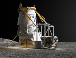 Frühe konzeptionelle Renderings von Frachtvarianten für bemannte Mondlandesysteme der NASA-Anbieter, hier Blue Origin. Beide Industrieteams haben die Befugnis erhalten, mit der Entwicklung großer Frachtlandegeräte zu beginnen, die bis zu 15 Tonnen Fracht, z. B. einen Rover unter Druck, auf die Mondoberfläche bringen können. Grafik: Blue Origin