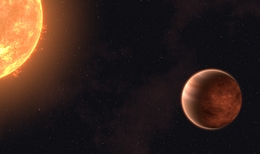 Eine künstlerische Darstellung des heißen Jupiters WASP-43b, der seinen Mutterstern in einer engen Umlaufbahn umkreist. Durch diesen Orbit wurde die Rotationsperiode des Planeten mit seiner Umlaufperiode synchronisiert, die beide 19,5 Stunden betragen. Infolgedessen weist WASP-43b dem Stern immer dieselbe Seite zu, die ständig im Tageslicht liegt und Temperaturen von bis zu 1250 Grad Celsius aufweist. Die dem Stern abgewandte Nachtseite ist von Wolken aus kondensierten Tröpfchen von Mineralien mit Temperaturen um 600 Grad Celsius bedeckt. (Bild: T. Müller (MPIA/HdA))