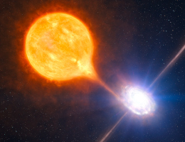 Eine gelbe Sonne, die an einer Seite angezapft wird - ein Gasarm führt zu einem benachbarten, viel kleineren hellen Objekt, bildet einen Materiestrudel, bevor es im Innern sehr hell gleißt. Das zeigt den Moment, in dem die Nova kurzzeitig zündet.
