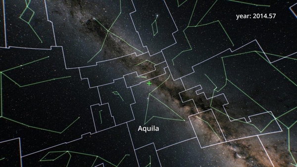 Position von Gaia BH3 am Himmel im Sternbild Adler (lateinisch „aquila“). Die Position ist durch das grüne Kreuz gekennzeichnet. (Bild: Stefan Jordan, ZAH/ARI)