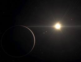 Künstlerische Darstellung des TOI-178-Systems mit dem Planeten im Vordergrund, der am entferntesten um den Stern kreist. Das System weist sechs Exoplaneten auf, die sich alle bis auf den, der dem Stern am nächsten ist, in Resonanz befinden. (Bild: ESO/L. Calçada/spaceengine.org)