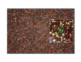 Das große Bild zeigt die Zentralregion von Omega Centauri. Das weiße Quadrat markiert die Region, in der sich die schnellen Sterne befinden. Das rechte Bild zeigt einen vergrößerten Ausschnitt dieser Region. Die sieben schnellen Sterne sind mit grünen Kreisen markiert, die Pfeile zeigen ihre Bewegungsrichtung. Die Position des Schwarzen Loches ist mit einem schwarzen Kreis mit weißer Kreislinie markiert. (Bild: M. Häberle)