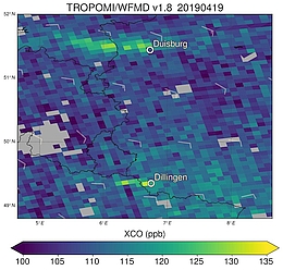 Kohlenstoffmonoxid (CO)-Abgasfahnen de Stahlstandorte Duisburg und Dillingen, erfasst im April 2019 von Sentinel-5P. (Illustration: Andrea Kaiser / DWD)