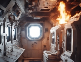 KI-generiertes Bild zeigt ein Feuer auf einem Raumfahrzeug. (Quelle: ZARM)