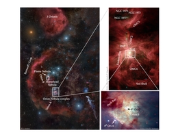 Zoom in das Sternbild Orion, mit dem Orionnebelkomplex (Foto: C. Pabst, PhD Thesis 2021; Left: R.B. Andreo; Upper right: NASA, JPL-Caltech/T. Megeath). Lower right: NASA, ESA/M. Robberto)