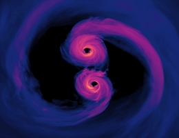 Wenn ein supermassereiches Schwarzes Loch ein anderes massereiches Schwarzes Loch verschlingt, entstehen Gravitationswellen, die sich als kleine Erschütterungen in der Raumzeit durch das Universum bewegen. (Bild: NASA’s Goddard Space Flight Center/Scott Noble; simulation data, d'Ascoli et al. 2018)