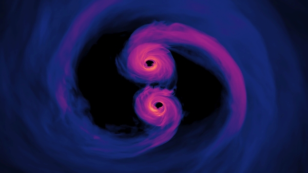 Wenn ein supermassereiches Schwarzes Loch ein anderes massereiches Schwarzes Loch verschlingt, entstehen Gravitationswellen, die sich als kleine Erschütterungen in der Raumzeit durch das Universum bewegen. (Bild: NASA’s Goddard Space Flight Center/Scott Noble; simulation data, d'Ascoli et al. 2018)