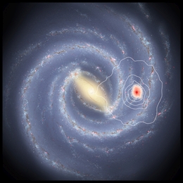 Fußabdruck der in der Studie verwendeten Gaia-Stichprobe, dargestellt durch weiße Konturen. Die rote Region zeigt die Position von ~200.000 Sternen, für die zuverlässige Altersangaben gemacht wurden. (Bild: Background image by NASA/JPL-Caltech/R. Hurt (SSC/Caltech))