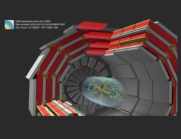 So sieht eine Kollision mit W-Boson im CMS-Detektor aus: das W-Boson zerfällt in ein Myon (rote Linie) und ein Neutrino, das dem Nachweis entgeht (rosa Pfeil) - künstlerische Darstellung. (Bild: CMS/CERN)